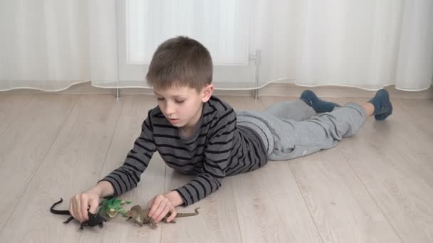 Kleiner Junge spielt mit Dinosauriern — Stockvideo