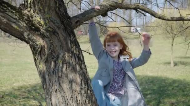 Menina de cabelos vermelhos está jogando em um parque ensolarado — Vídeo de Stock