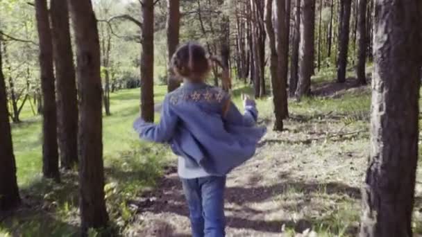 Маленькая девочка бежит через лес — стоковое видео