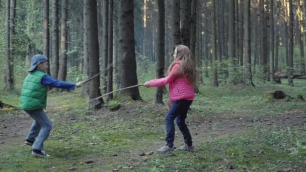 Niños jugando en el bosque — Vídeos de Stock