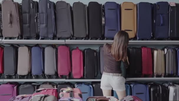 Mujer elige la maleta en la tienda — Vídeo de stock