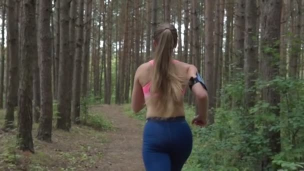 Frau läuft im Wald — Stockvideo