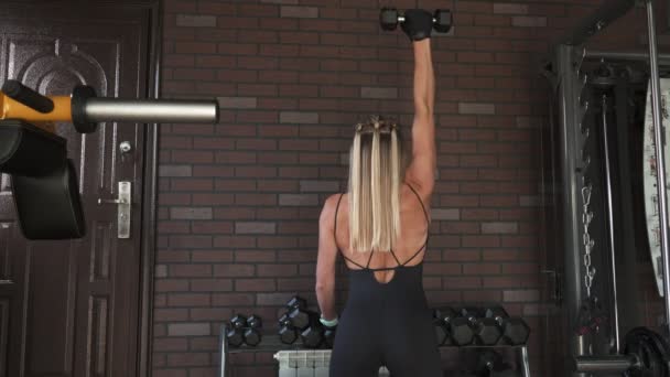 Mulher fazendo exercício tríceps com halteres — Vídeo de Stock
