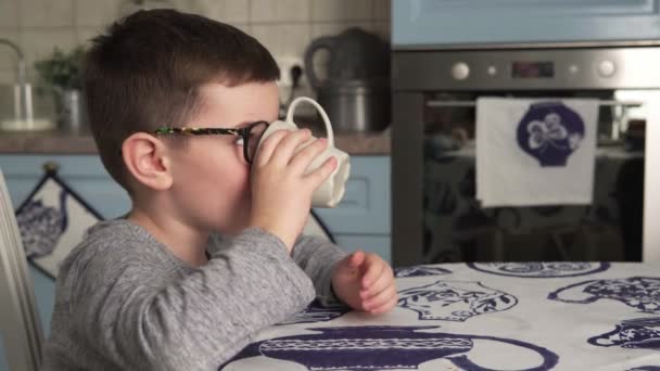 El niño está bebiendo leche y sonriendo. — Vídeos de Stock