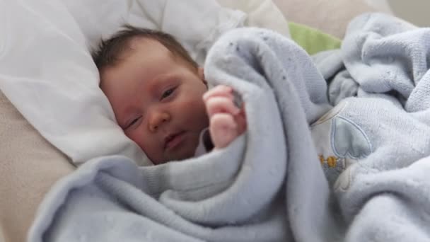 Schattige pasgeboren baby in de wieg — Stockvideo