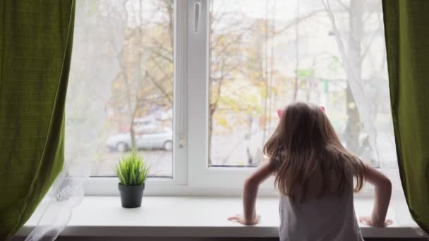 Liten flicka tittar ut genom fönstret — Stockvideo