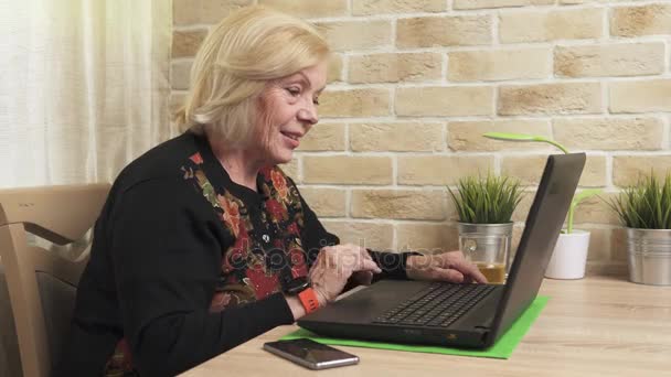 Gelukkig oude vrouw met een laptopcomputer — Stockvideo