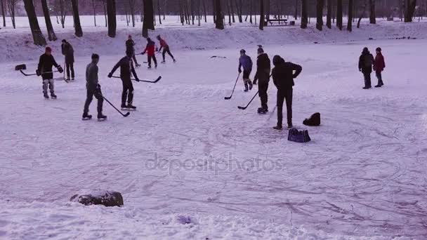 Grupa młodych ludzi gra hokej na lodzie — Wideo stockowe