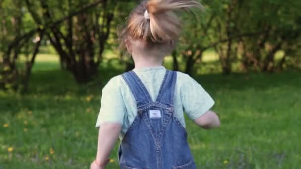 Niña corre a lo largo de la hierba, vista trasera, cámara lenta — Vídeo de stock