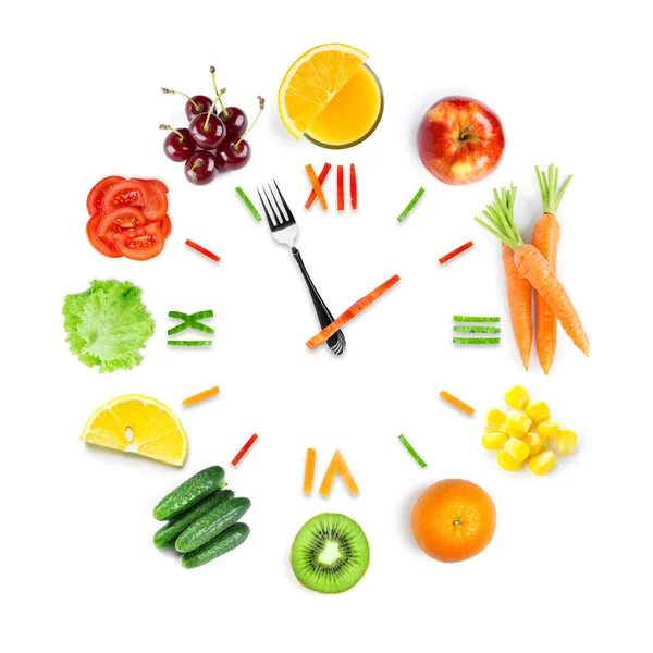 Food clock with fresh fruits and vegetables — Stock Photo, Image