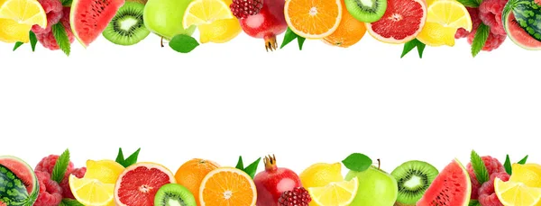 Koláž smíšeného ovoce. Čerstvé barevné ovoce. Koncepce potravin — Stock fotografie