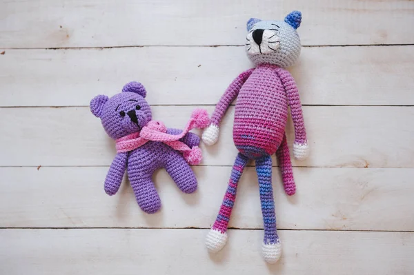 Amigurumi leksaker. Teddybjörn och katt — Stockfoto