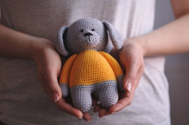 Syktyvkar, Rusya - 11 Mayıs 2018: Açıklayıcı resim. Amigurumi örgü tekniği köpek oyuncak örme