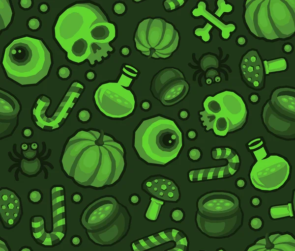 Fondo de patrón transparente de Halloween verde con araña, cráneo, calabaza, caramelo, huesos y ojos — Archivo Imágenes Vectoriales