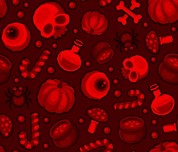 Fondo de patrón sin costura de Halloween rojo con araña, cráneo, calabaza, caramelo, huesos y ojos — Vector de stock