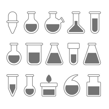 Kimyasal laboratuvar donatım simgeler beyaz arka plan üzerinde ayarlayın. Vektör