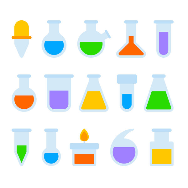 Chemical Laboratory Equipment Icons Set on White Background. Vector
