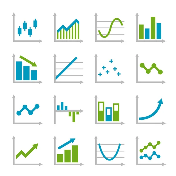 Blaue und grüne Icons für Geschäftsdiagramme gesetzt. Vektor — Stockvektor
