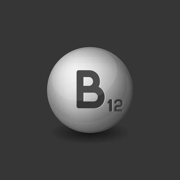 Vitamina B12 plata brillante esfera icono sobre fondo oscuro. Vector — Vector de stock