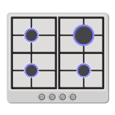 Surface of White Gas Hob Stove with Fire On. Vector clipart