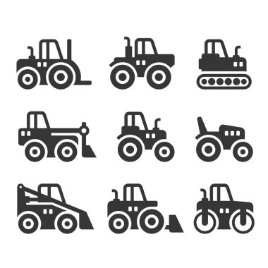 Traktörler, çiftlik ve Binalar makineleri simgeler kümesi. Vektör