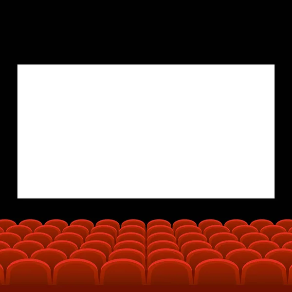 Sinema film tiyatro kırmızı koltuklar ve beyaz boş perde. Vektör — Stok Vektör