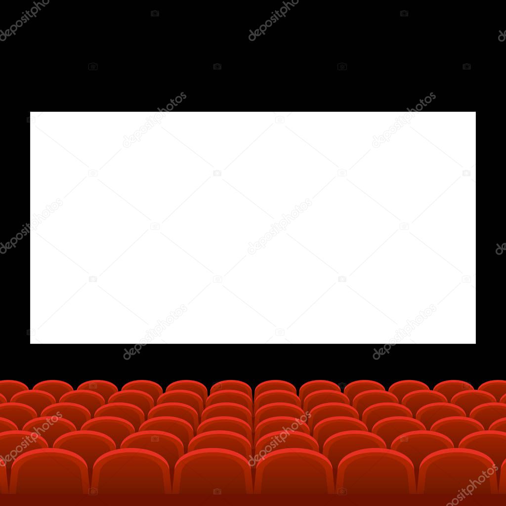 Cinema Movie Theatre with Red Seats and White Blank Screen. Vector