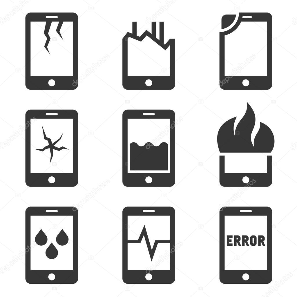 Mobile Phone Damage Icon Set. Vector