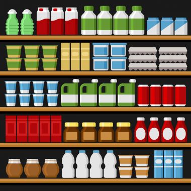 Süpermarket. Raflar raflara ürünleri ve içecekler. Vektör