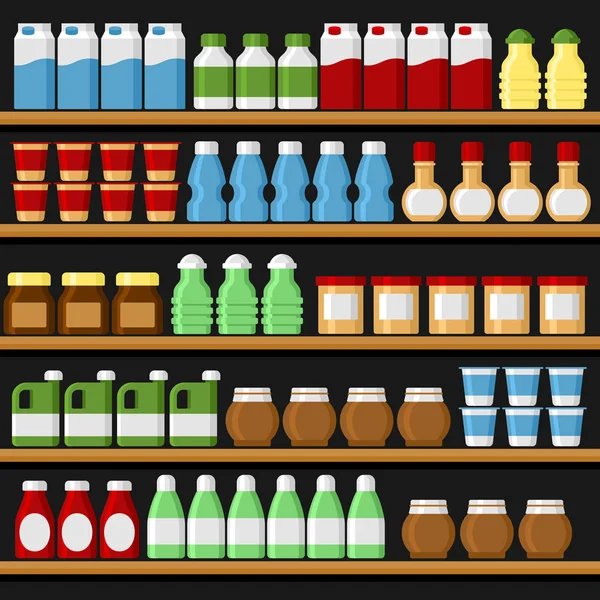 Supermarket. Shelfs Shelves with Products and Drinks. Vector — Stock Vector