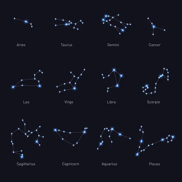 Conjunto de constelaciones del zodíaco. Espacio y Estrellas. Vector — Vector de stock