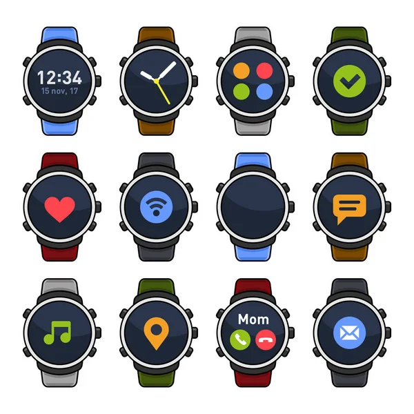 Slimme horloge met verschillende Apps op scherm pictogrammen ingesteld. Vector — Stockvector