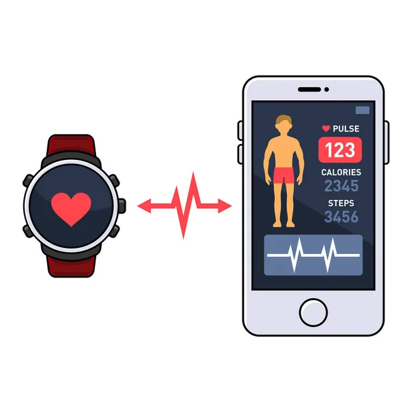 Smart Watch en Smartphone met Fitness toepassing. Proces synchronisatie apparaten. Vector — Stockvector