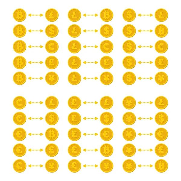 比特币, Litecoin, 美元, 欧元和其他货币兑换符号与箭头。矢量 — 图库矢量图片