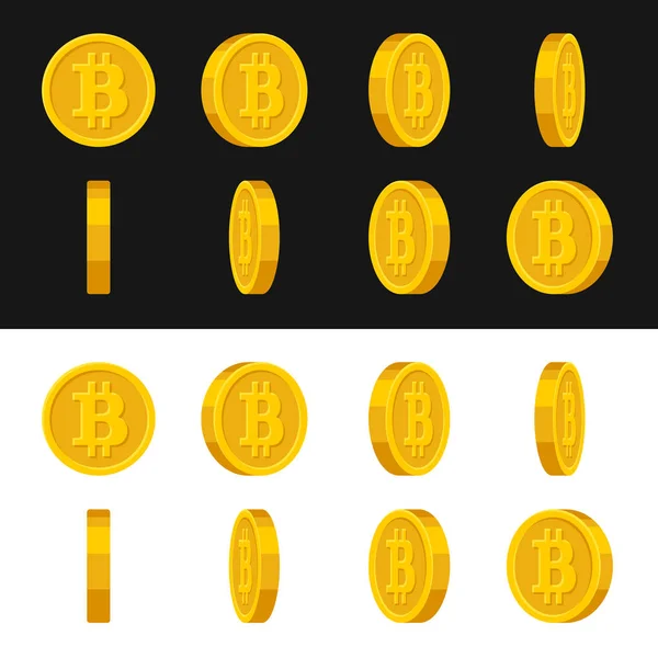 Conjunto de marcos de Bitcoin de rotación dorada para animación sobre fondo blanco y negro. Vector — Archivo Imágenes Vectoriales