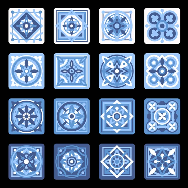 Blauwe Portugese mozaïek ceramiektegel bloemen Set. Vector — Stockvector