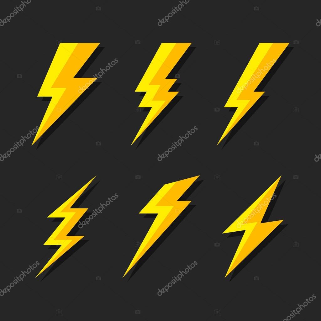 Thunder and Bolt Lighting Flash Icons Set. Flat Style on Dark Background. Vector illustration