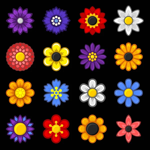 Barevné květinové ikony nastavit na černém pozadí. Vektor — Stockový vektor