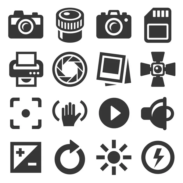 Acessórios de câmera e conjunto de ícones de fotografia. Vetor — Vetor de Stock
