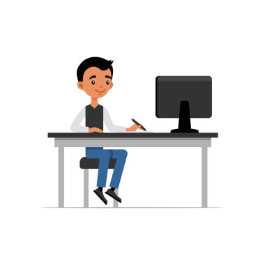 Sevimli genç adam masada oturan ve bilgisayarda çalışarak. Düz stil vektör