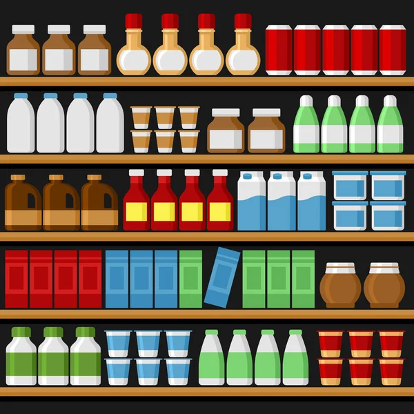 Supermercado. Estantes Estantes con Productos y Bebidas. Vector — Archivo Imágenes Vectoriales