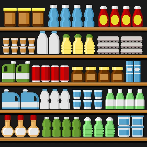 Supermercado. Estantes Estantes con Productos y Bebidas. Vector — Archivo Imágenes Vectoriales
