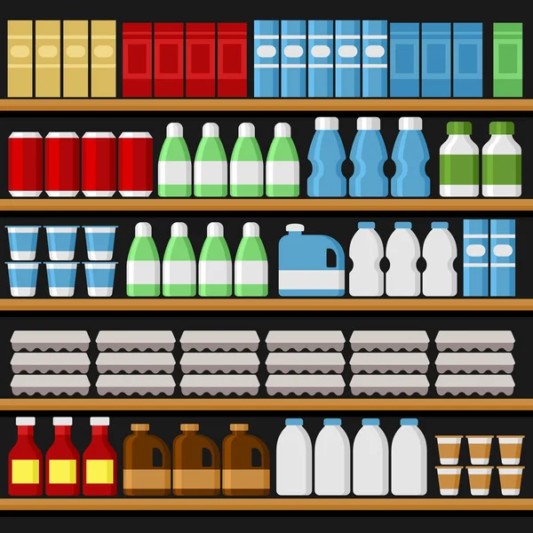 Supermarket. Shelfs Shelves with Products and Drinks. Vector — Stock Vector