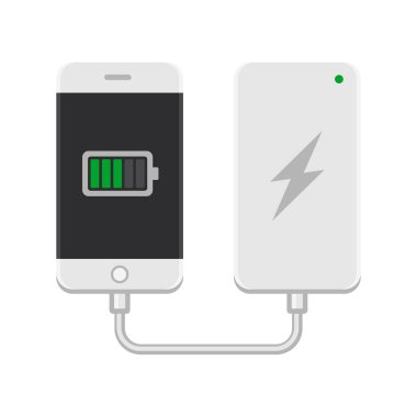 Beyaz arka plan üzerinde Powerbank ile akıllı telefon. Vektör
