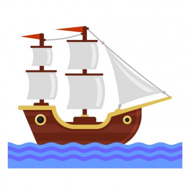 Çizgi film beyaz yelkenli gemi. Düz stil vektör