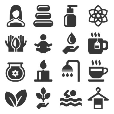 Beyaz Arkaplanda Spa Simgeleri Ayarlandı. Vektör