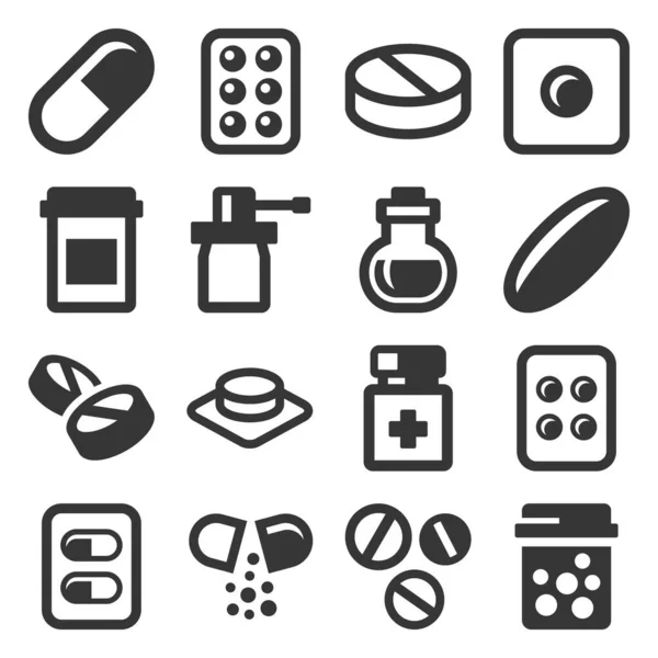 Pills, Drugs and Capsules Icons Set. Vetor — Vetor de Stock