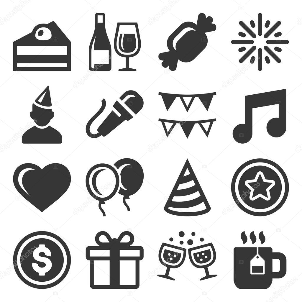 Party and Celebration Icons Set on White Background. Vector