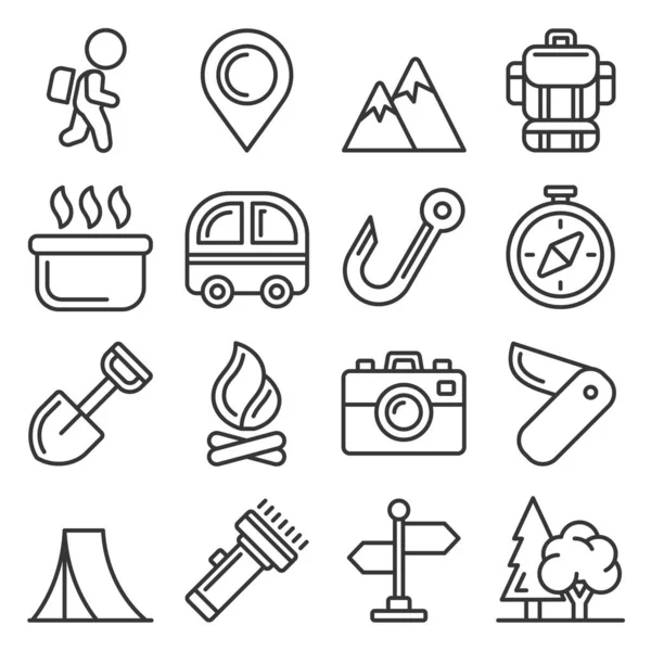 Camping Pictogrammen ingesteld op witte achtergrond. Lijnstijlvector — Stockvector