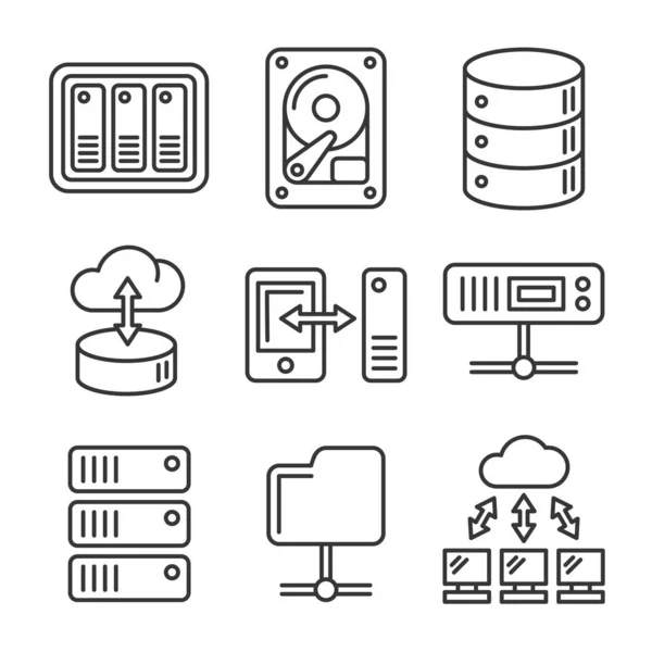 Networking File Share and NAS Server Icons Set. Line Style Vector — Stock Vector